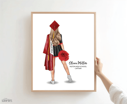 Cheerleader Graduation Portrait Print, Custom Digital Drawing - Hip Poms - Scrap Bits