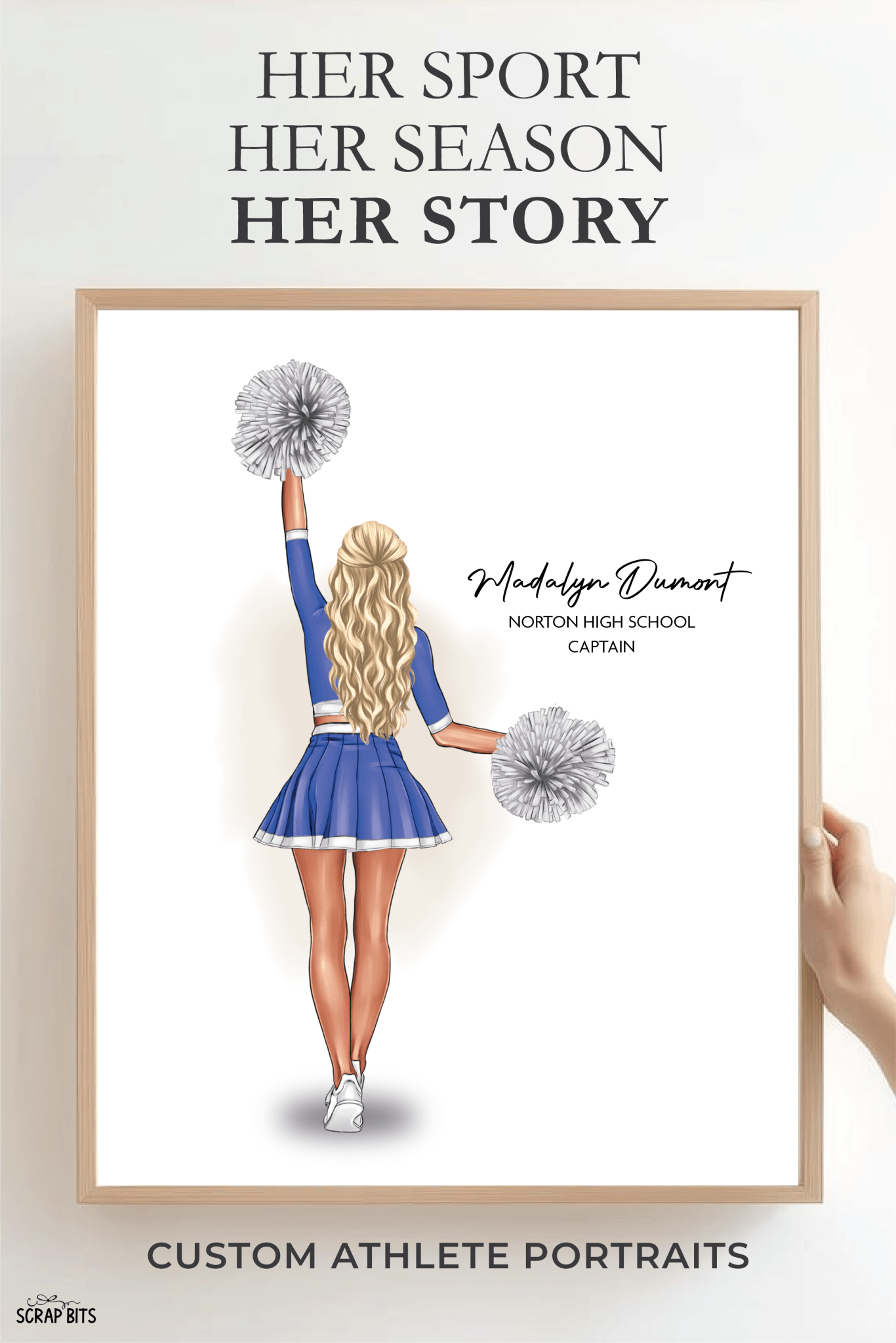 Cheerleader Portrait Print, Custom Digital Drawing - High Poms - Scrap Bits