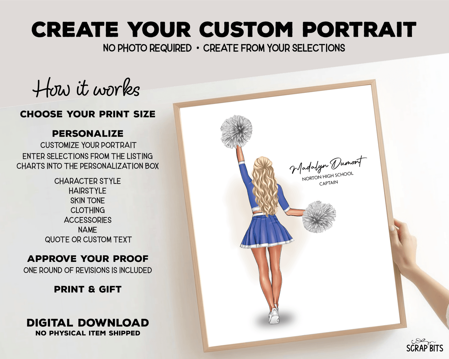 Cheerleader Portrait Print, Custom Digital Drawing - High Poms - Scrap Bits