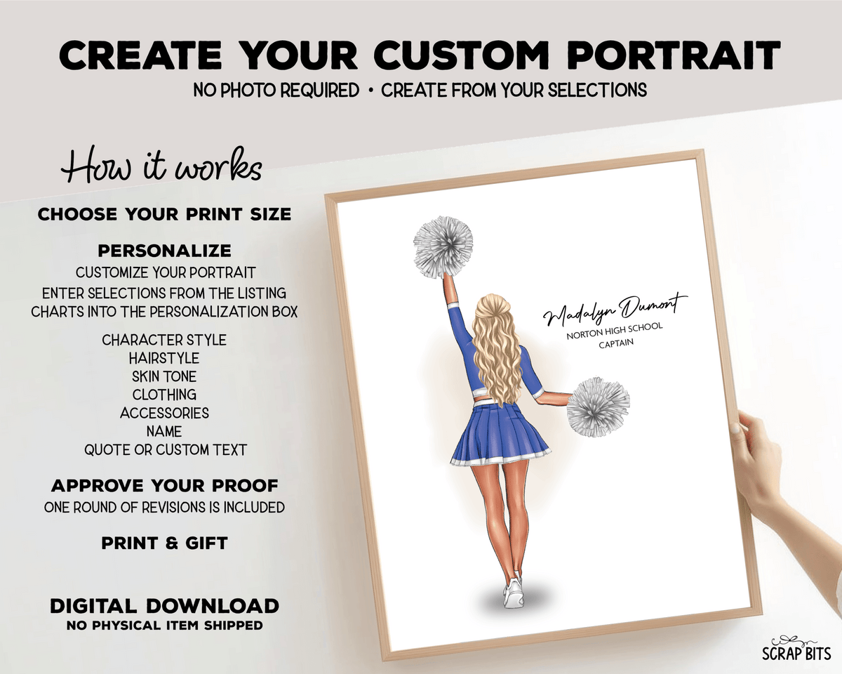 Cheerleader Portrait Print, Custom Digital Drawing - High Poms - Scrap Bits