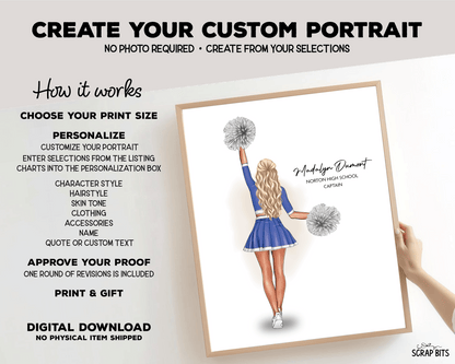 Cheerleader Portrait Print, Custom Digital Drawing - High Poms - Scrap Bits