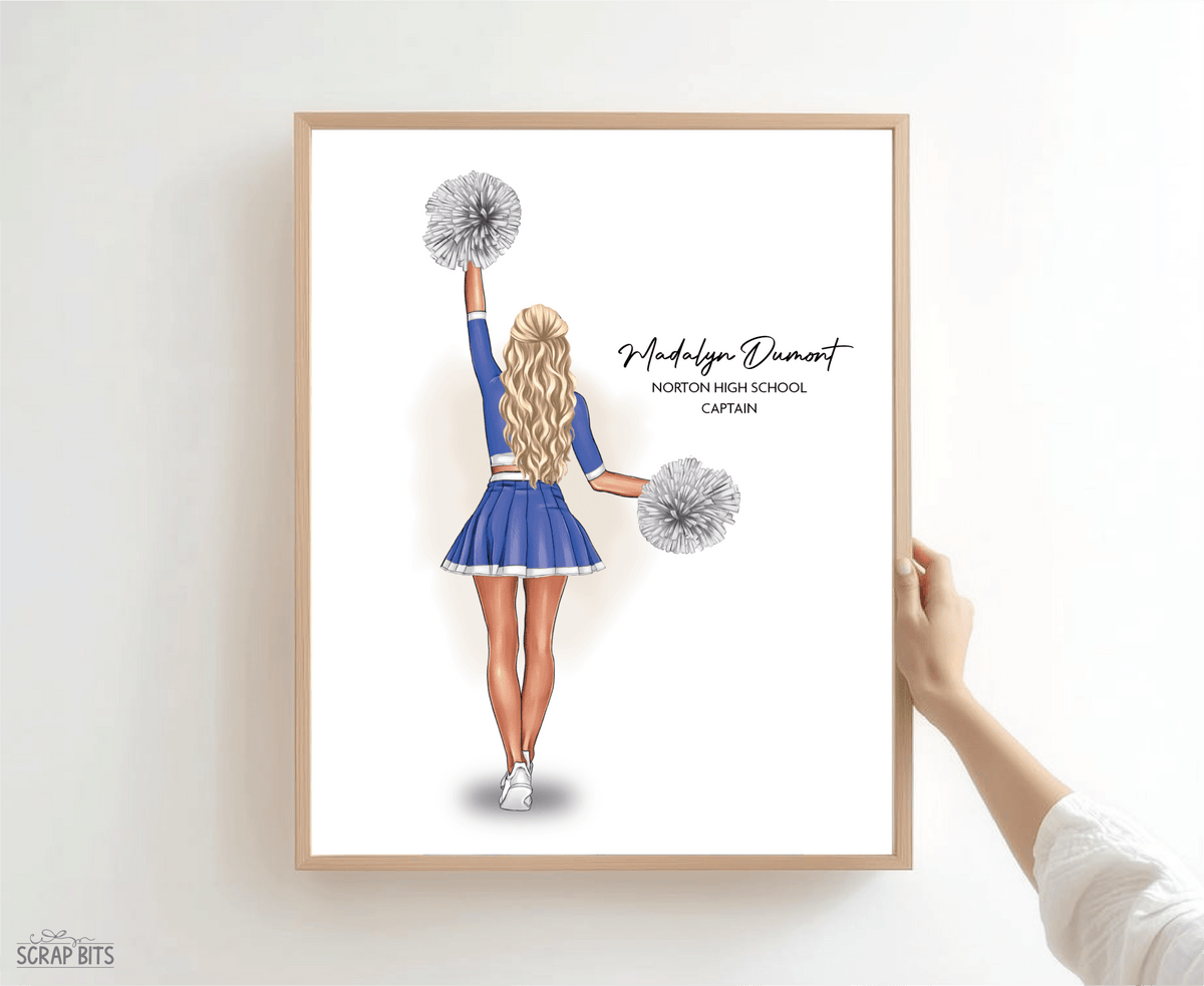 Cheerleader Portrait Print, Custom Digital Drawing - High Poms - Scrap Bits