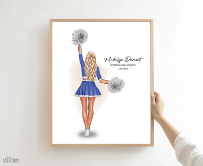 Cheerleader Portrait Print, Custom Digital Drawing - High Poms - Scrap Bits