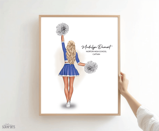 Cheerleader Portrait Print, Custom Digital Drawing - High Poms - Scrap Bits