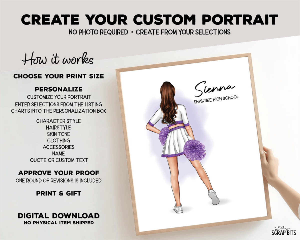 Cheerleader Portrait Print, Custom Digital Drawing - Hip Poms - Scrap Bits