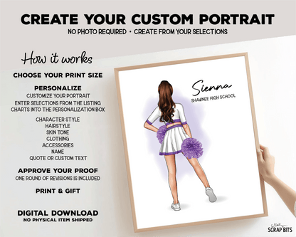Cheerleader Portrait Print, Custom Digital Drawing - Hip Poms - Scrap Bits