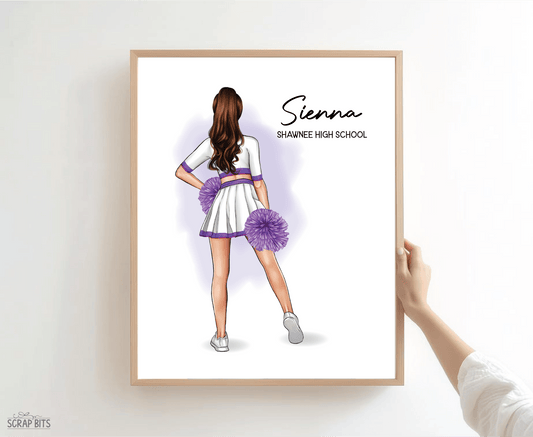Cheerleader Portrait Print, Custom Digital Drawing - Hip Poms - Scrap Bits