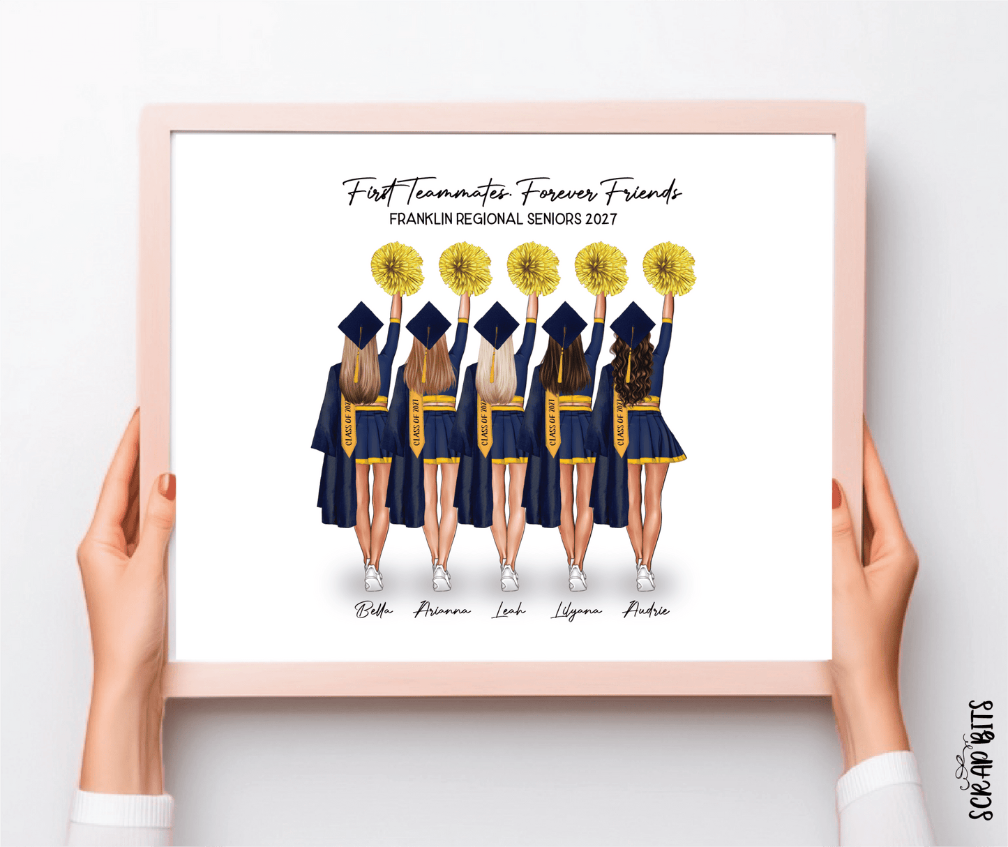 Cheerleading Team Graduation Portrait Print, Custom Digital Drawing - High Poms - Scrap Bits