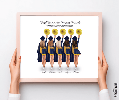 Cheerleading Team Graduation Portrait Print, Custom Digital Drawing - High Poms - Scrap Bits