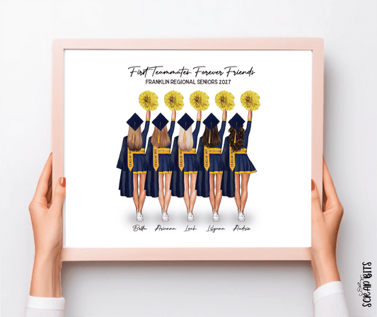 Cheerleading Team Graduation Portrait Print, Custom Digital Drawing - High Poms - Scrap Bits
