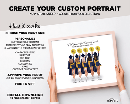 Cheerleading Team Graduation Portrait Print, Custom Digital Drawing - High Poms - Scrap Bits