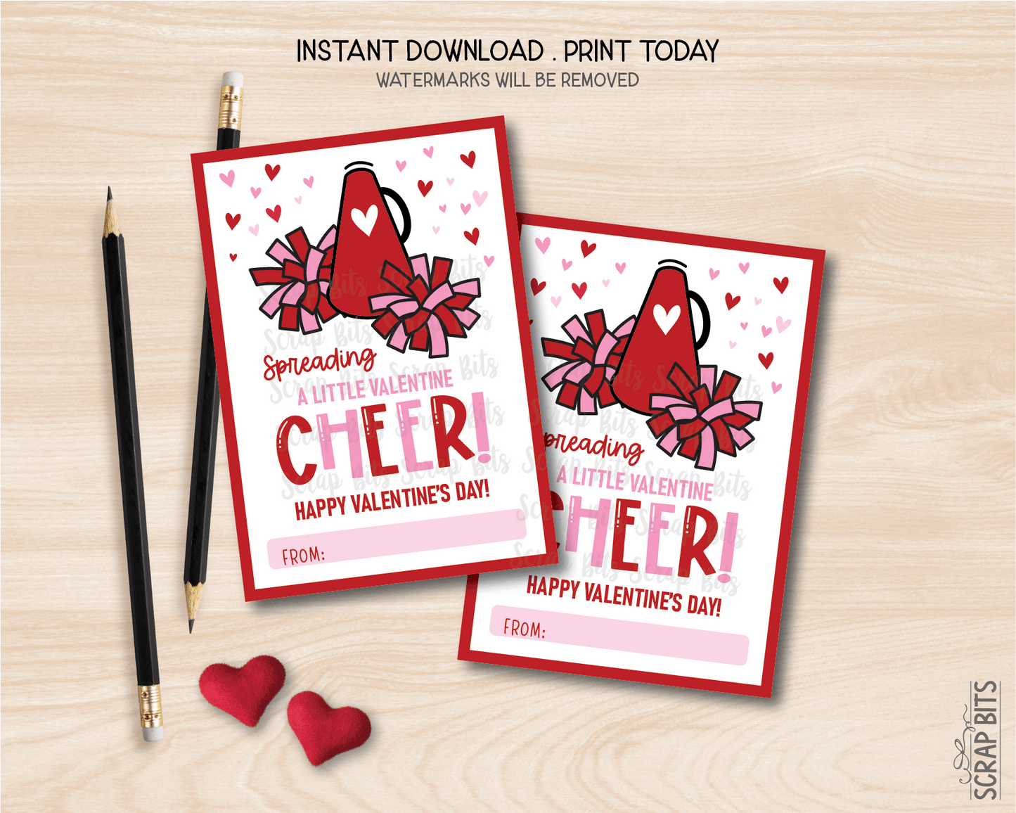 Cheerleading Valentines, Spreading A Little Valentine Cheer, Printable Classroom Exchange Cards, Instant Download - Scrap Bits