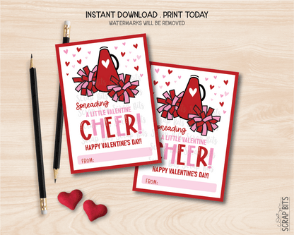 Cheerleading Valentines, Spreading A Little Valentine Cheer, Printable Classroom Exchange Cards, Instant Download - Scrap Bits