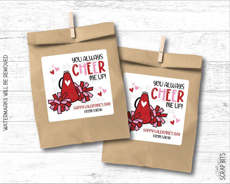 Cheerleading Valentines, You Always Cheer Me Up, Valentine Treat Bag Stickers - Scrap Bits