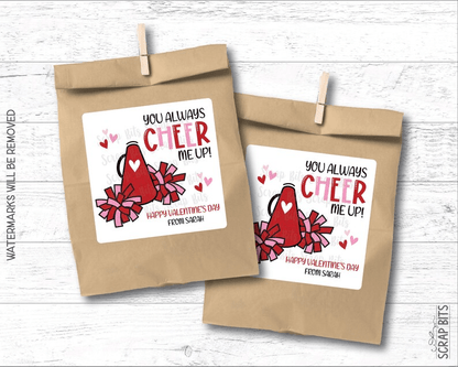 Cheerleading Valentines, You Always Cheer Me Up, Valentine Treat Bag Stickers - Scrap Bits