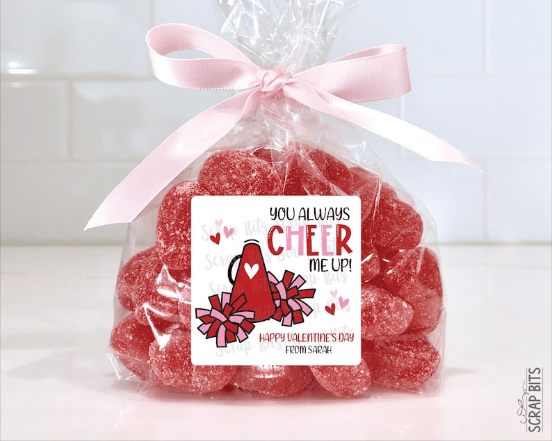 Cheerleading Valentines, You Always Cheer Me Up, Valentine Treat Bag Stickers - Scrap Bits