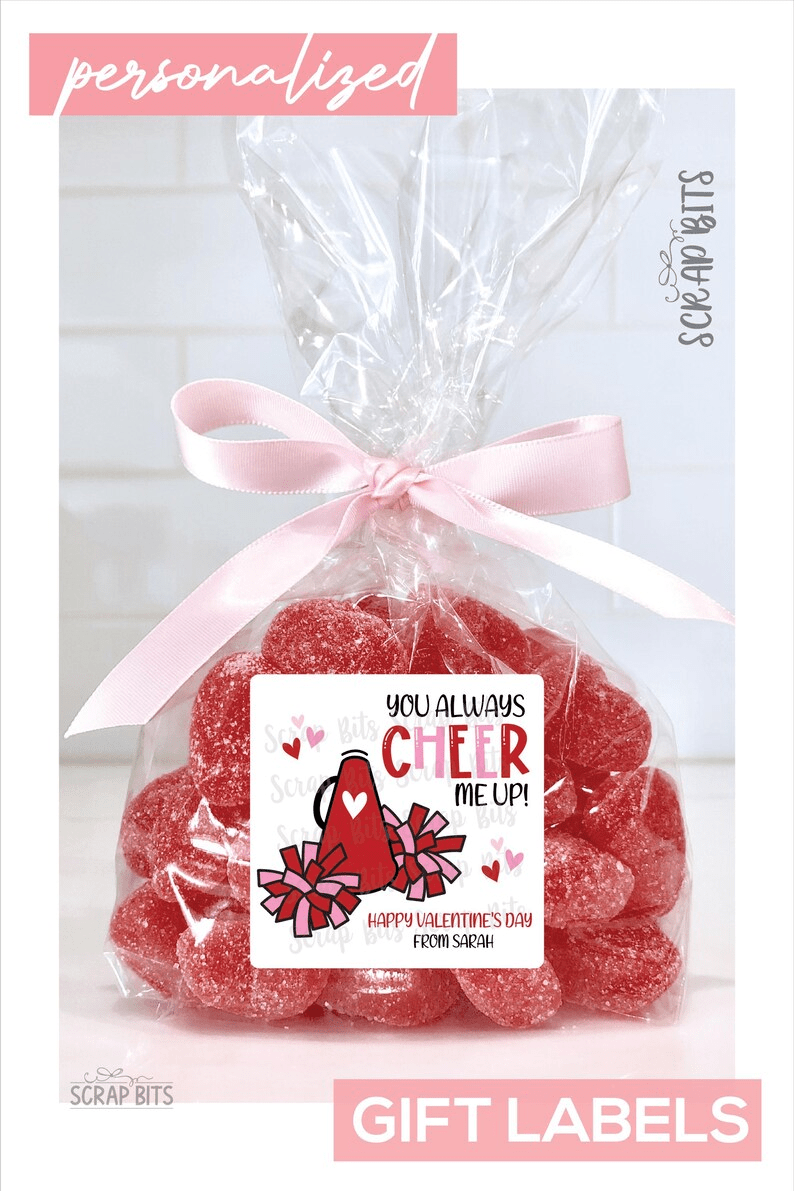 Cheerleading Valentines, You Always Cheer Me Up, Valentine Treat Bag Stickers - Scrap Bits