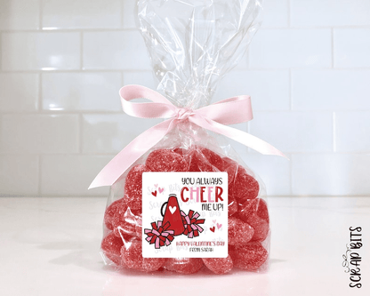 Cheerleading Valentines, You Always Cheer Me Up, Valentine Treat Bag Stickers - Scrap Bits