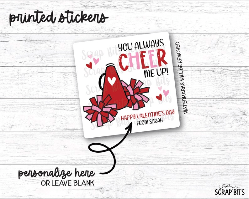 Cheerleading Valentines, You Always Cheer Me Up, Valentine Treat Bag Stickers - Scrap Bits