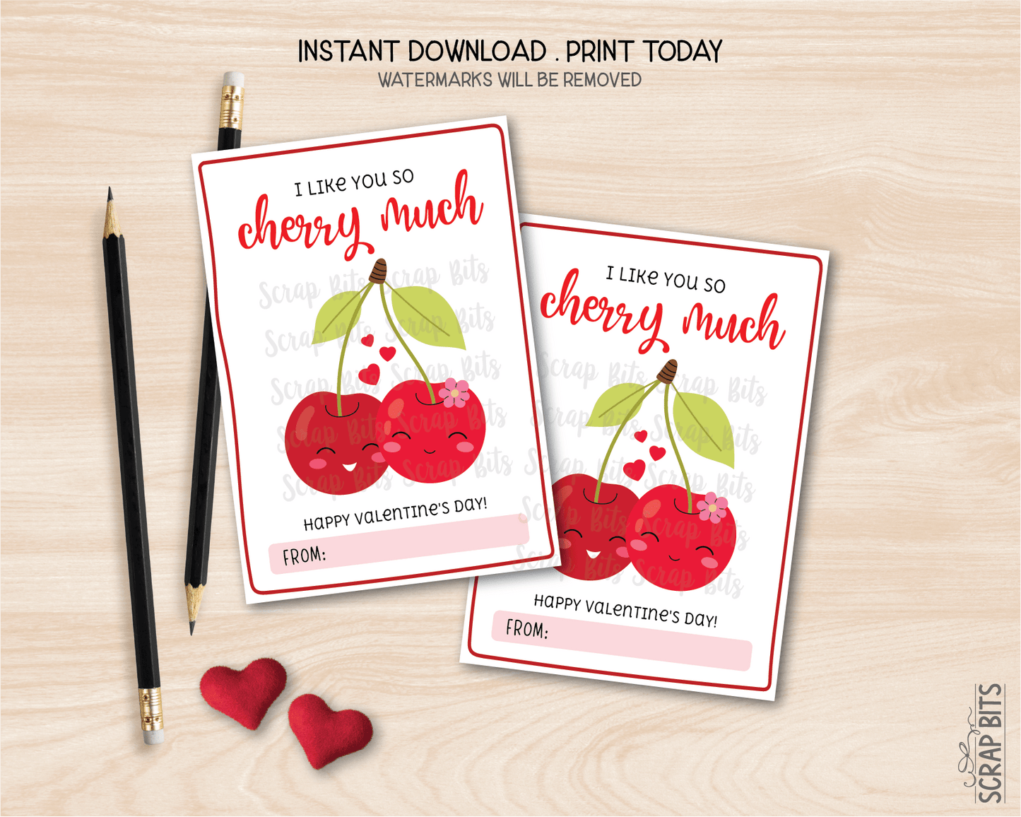 Cherries Valentines, I Like You So Cherry Much, Printable Classroom Exchange Cards, Instant Download - Scrap Bits
