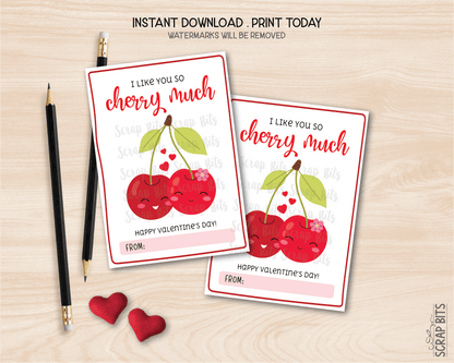 Cherries Valentines, I Like You So Cherry Much, Printable Classroom Exchange Cards, Instant Download - Scrap Bits