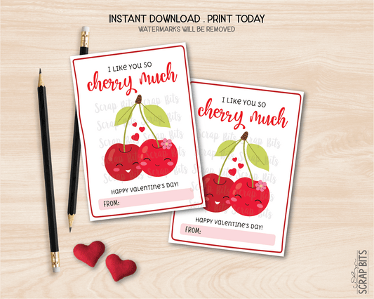 Cherries Valentines, I Like You So Cherry Much, Printable Classroom Exchange Cards, Instant Download - Scrap Bits