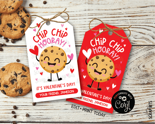 Chip Chip Hooray, Chocolate Chip Cookie Printable Valentine Gift Tags . Instant Download Editable Template - Scrap Bits