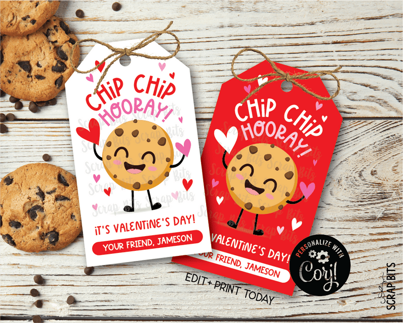 Chip Chip Hooray, Chocolate Chip Cookie Printable Valentine Gift Tags . Instant Download Editable Template - Scrap Bits