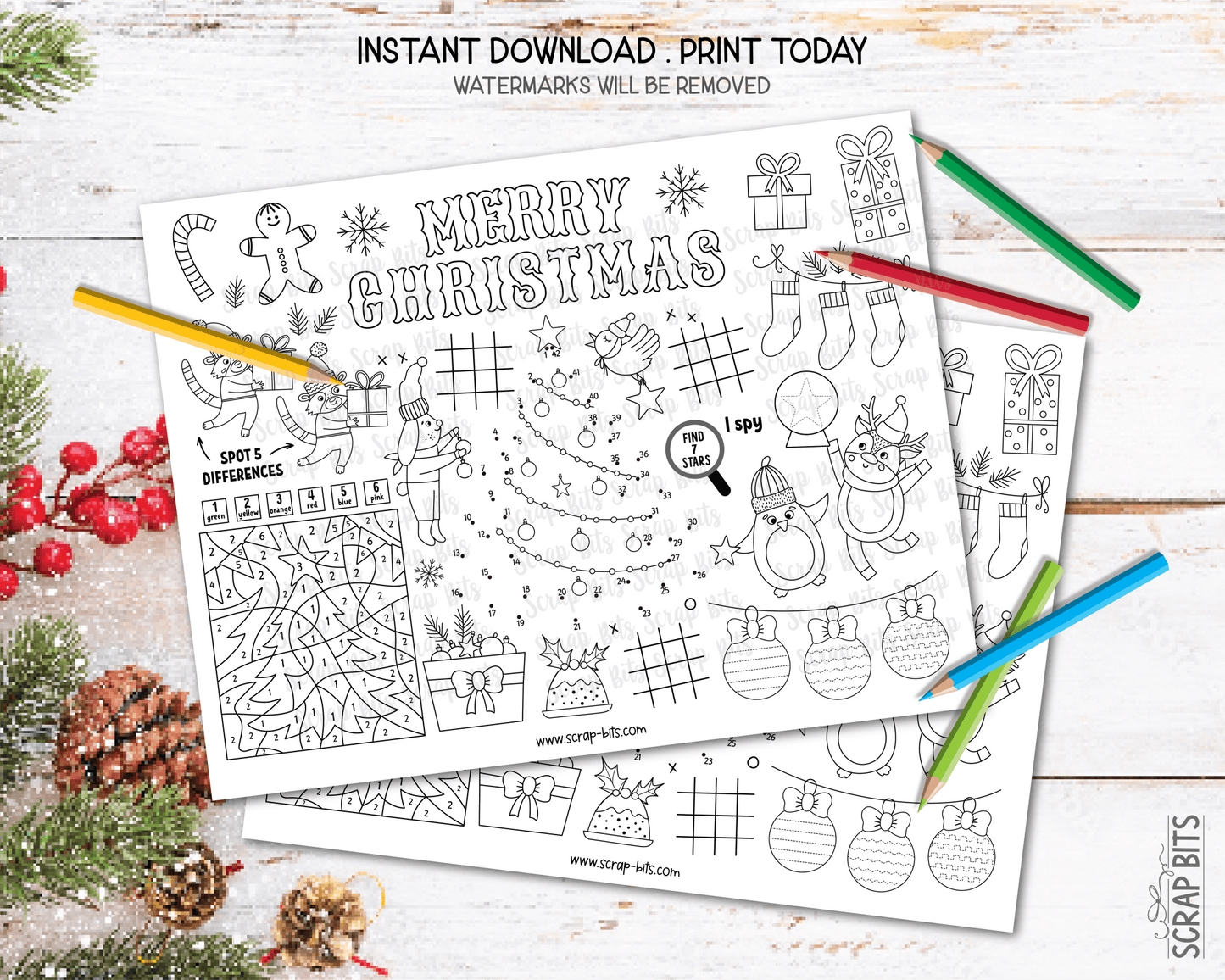 Christmas Activity Page for Kids, Printable Christmas Placemat, Coloring Sheet 001 . Instant Download - Scrap Bits