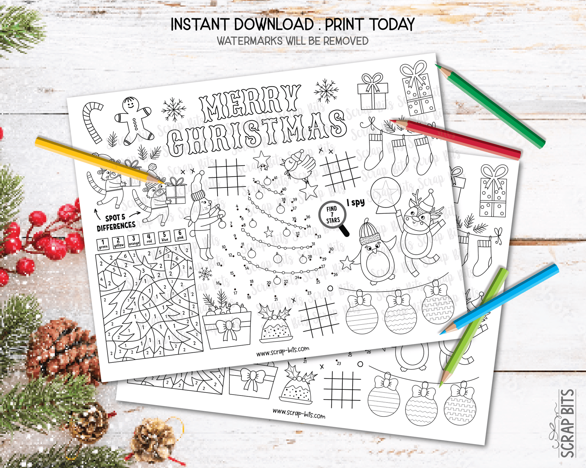Christmas Activity Page for Kids, Printable Christmas Placemat, Coloring Sheet 001 . Instant Download - Scrap Bits