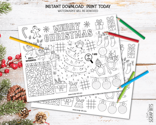 Christmas Activity Page for Kids, Printable Christmas Placemat, Coloring Sheet 001 . Instant Download - Scrap Bits
