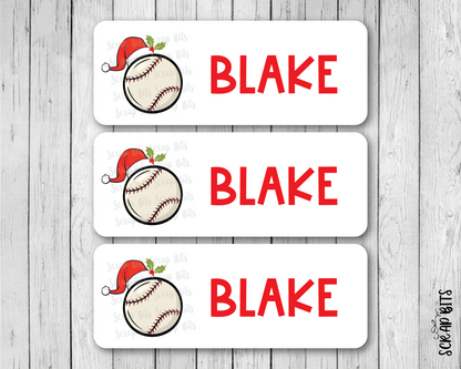 Christmas Baseball Name Labels, Santa Hat, Personalized Gift Stickers - Scrap Bits