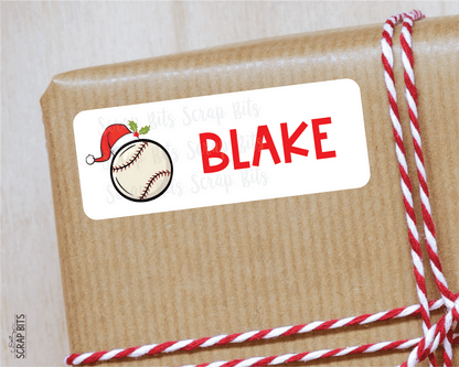 Christmas Baseball Name Labels, Santa Hat, Personalized Gift Stickers - Scrap Bits
