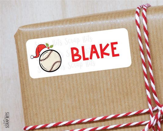 Christmas Baseball Name Labels, Santa Hat, Personalized Gift Stickers - Scrap Bits