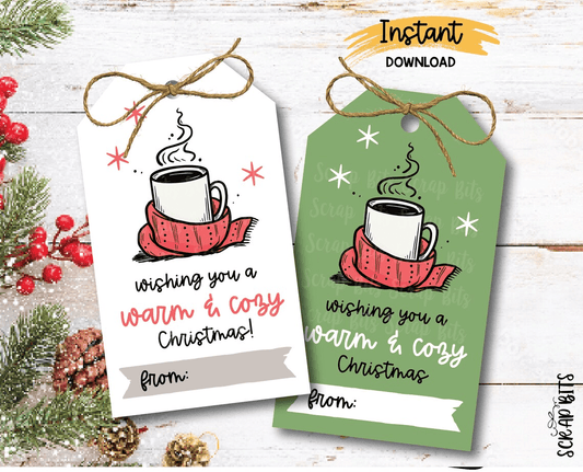 Christmas Coffee Tags, Wishing You A Warm & Cozy Christmas, Printable Christmas Gift Tags, Instant Download (Copy) - Scrap Bits