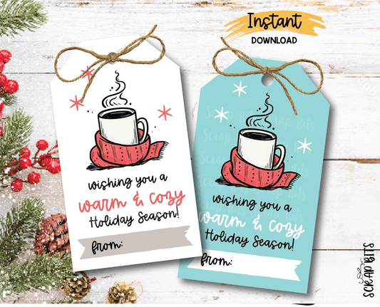 Christmas Coffee Tags, Wishing You A Warm & Cozy Holiday Season, Printable Christmas Gift Tags, Instant Download - Scrap Bits