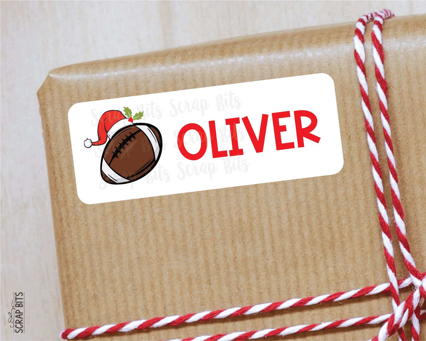 Christmas Football Name Labels, Santa Hat, Personalized Gift Stickers - Scrap Bits