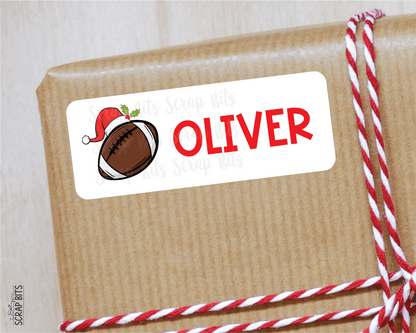 Christmas Football Name Labels, Santa Hat, Personalized Gift Stickers - Scrap Bits
