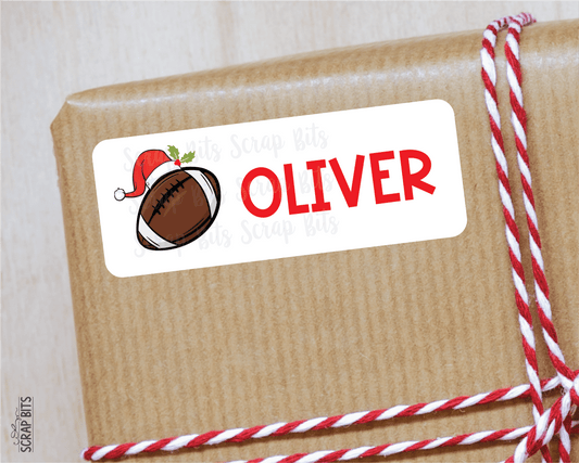 Christmas Football Name Labels, Santa Hat, Personalized Gift Stickers - Scrap Bits