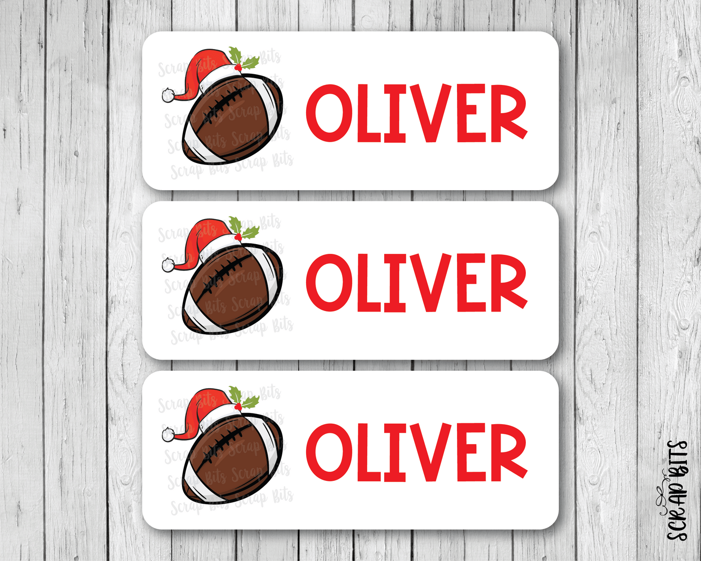 Christmas Football Name Labels, Santa Hat, Personalized Gift Stickers - Scrap Bits