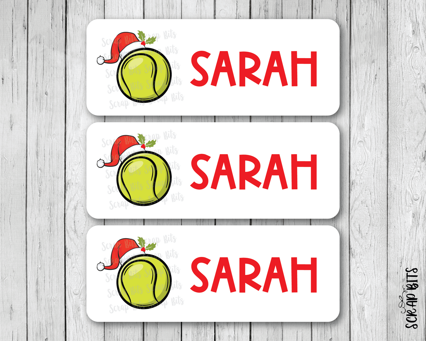 Christmas Tennis Ball Name Labels, Santa Hat, Personalized Gift Stickers - Scrap Bits