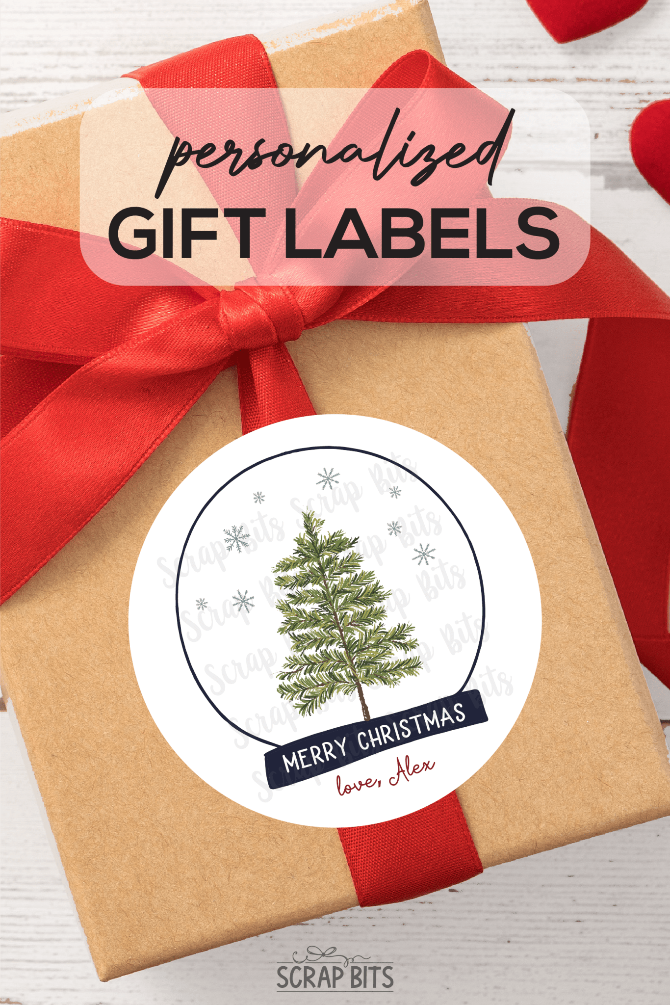 Christmas Tree Snow Globe, Personalized Christmas Gift Stickers or Tags - Scrap Bits