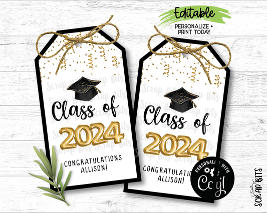 Class of Gold Foil Balloons Tags, Printable Grad Party Favor Tags . Instant Download Editable Template - Scrap Bits