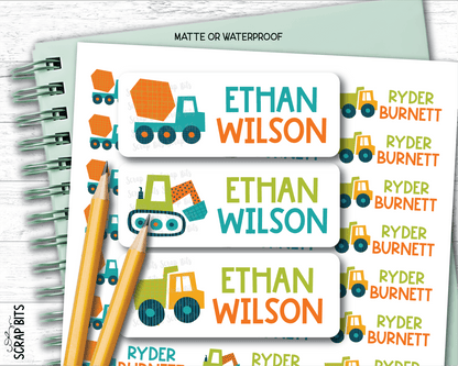 Construction Vehicles Name Labels . Personalized Belonging Labels - Scrap Bits