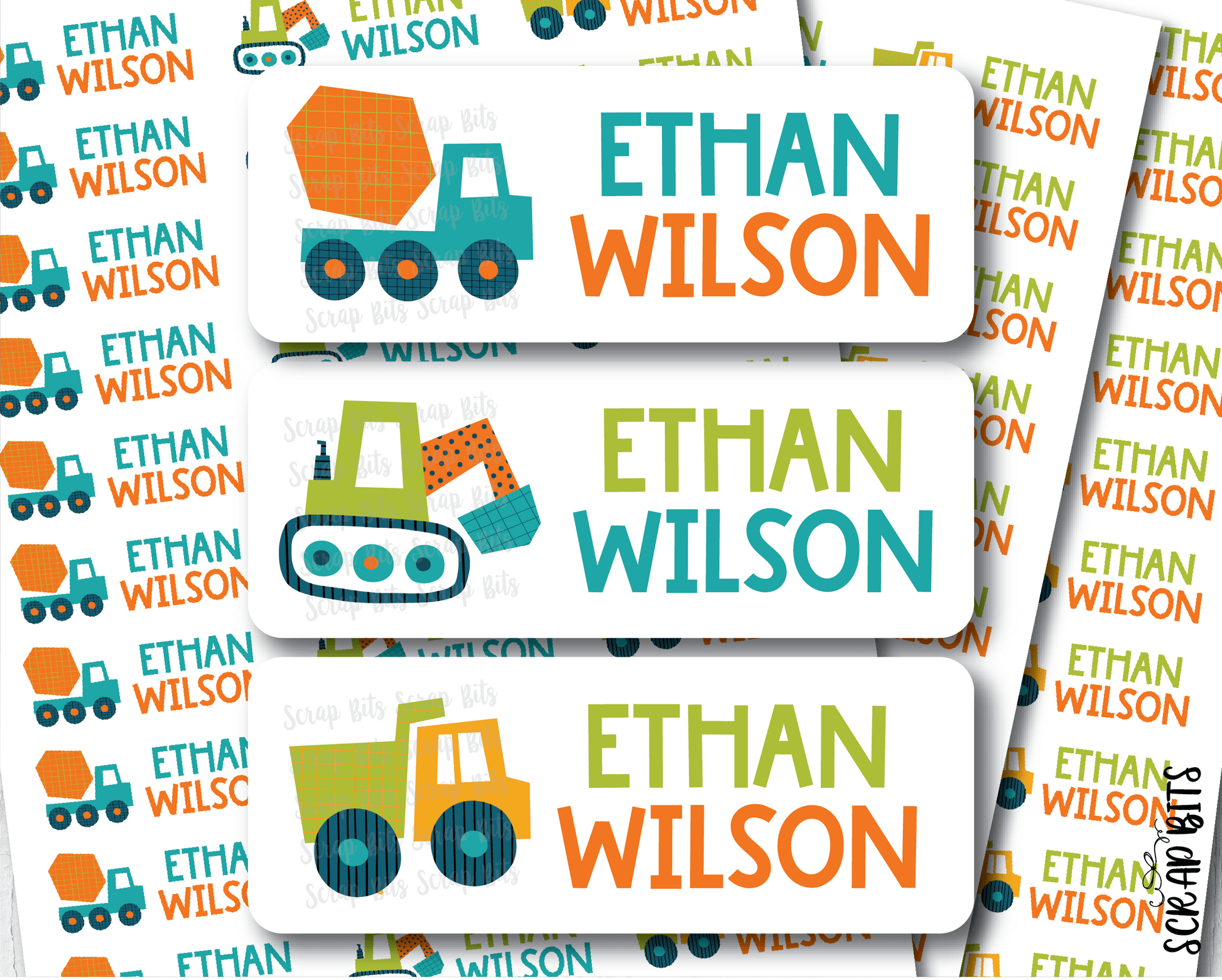 Construction Vehicles Name Labels . Personalized Belonging Labels - Scrap Bits