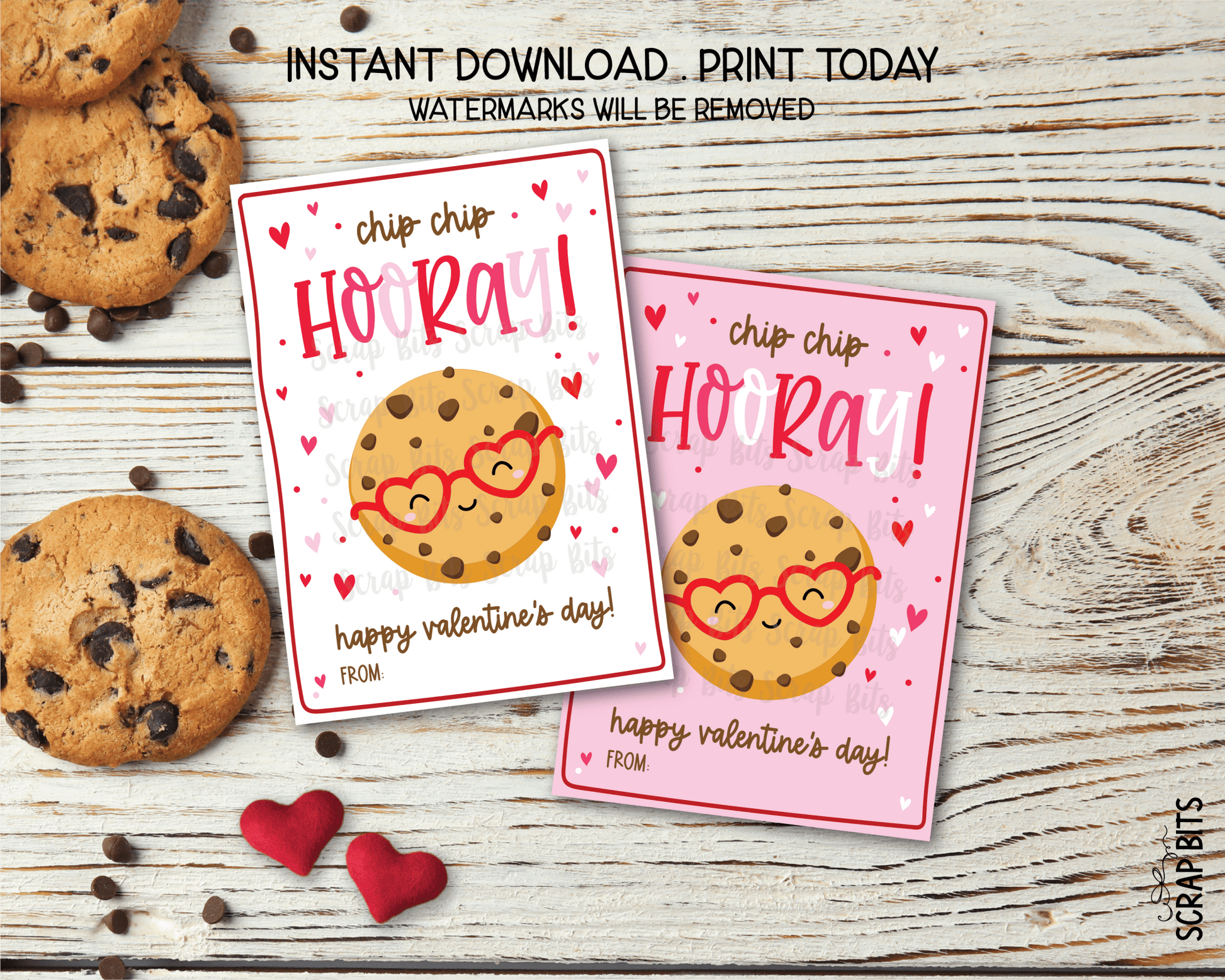 Cookie Valentines, Chip Chip Hooray Chocolate Chip Cookie Face, Printable Classroom Exchange Cards, Instant Download - Scrap Bits