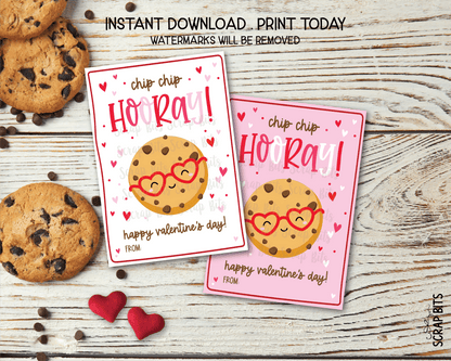 Cookie Valentines, Chip Chip Hooray Chocolate Chip Cookie Face, Printable Classroom Exchange Cards, Instant Download - Scrap Bits