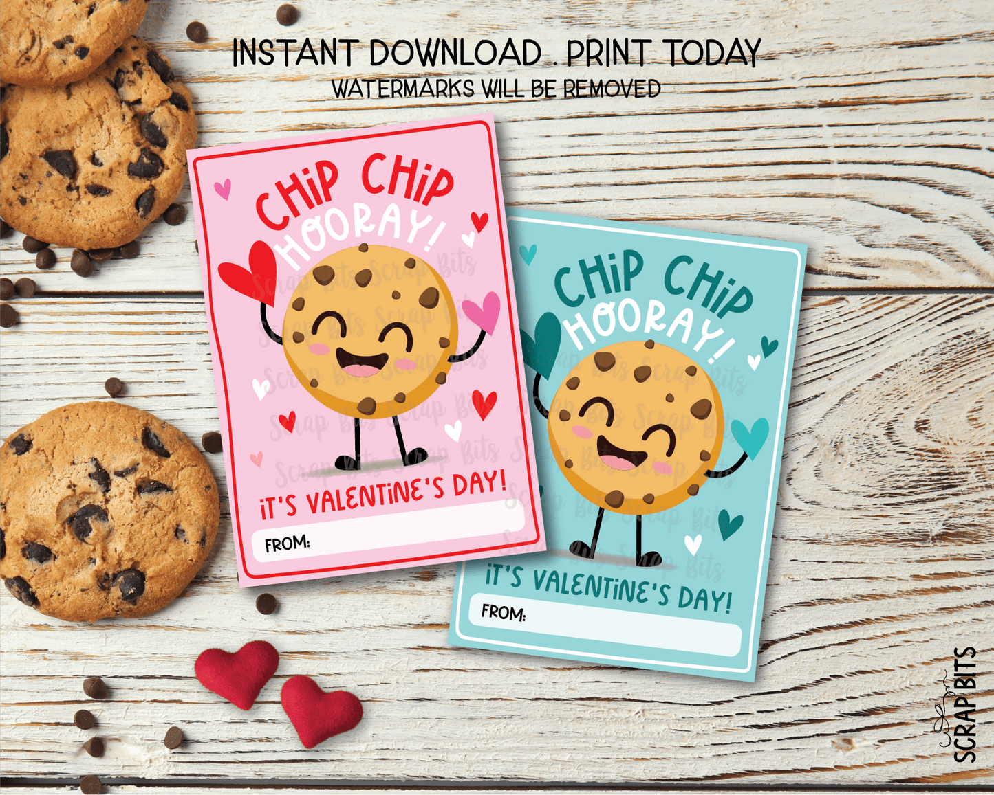 Cookie Valentines, Chip Chip Hooray Chocolate Chip Cookie Man Blue, Printable Classroom Exchange Cards, Instant Download - Scrap Bits