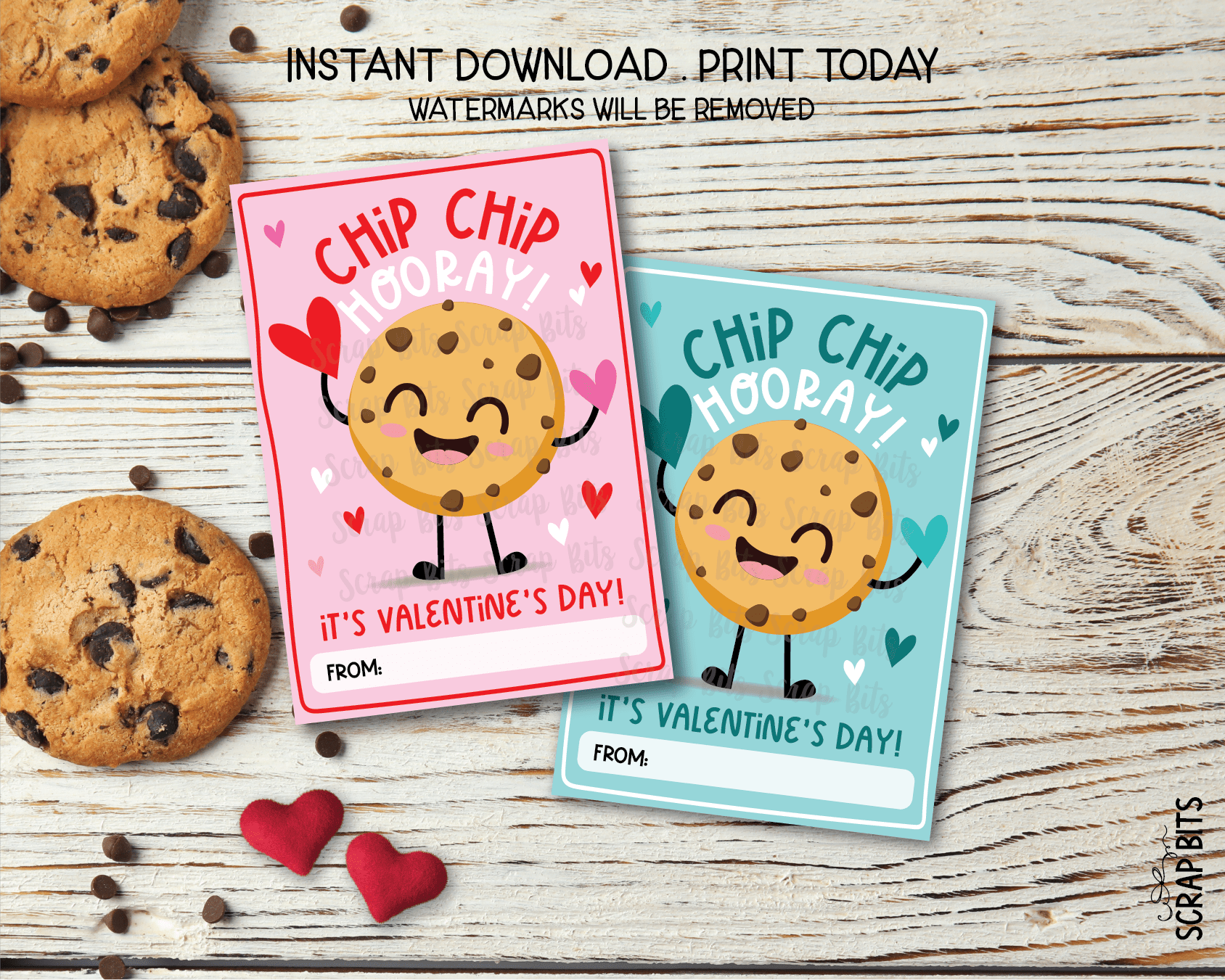 Cookie Valentines, Chip Chip Hooray Chocolate Chip Cookie Man Blue, Printable Classroom Exchange Cards, Instant Download - Scrap Bits