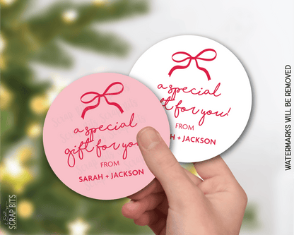 Coquette Bow Special Gift, Pink & White, Personalized Christmas Gift Label Set - Scrap Bits